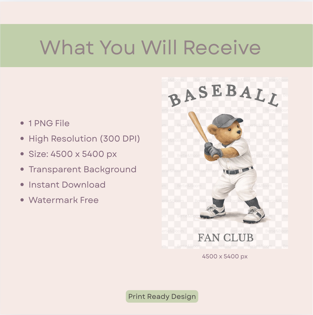Baseball Bear PNG Design – Instant Download